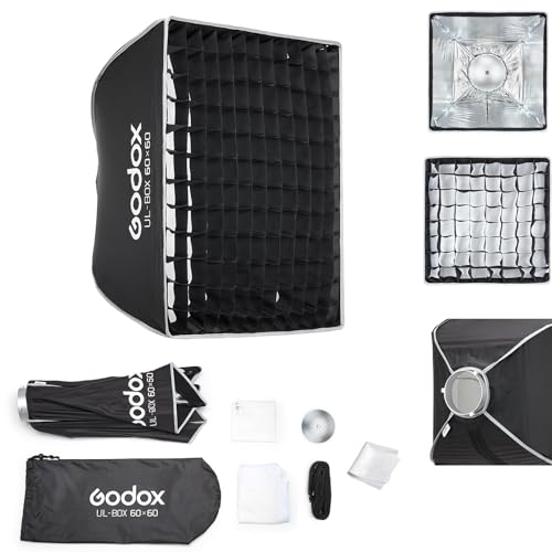 Godox Softbox UL-60x60 Square Softbox, Quick-Release Umbrella Design Bowens Mount with Grid & Diffusers & Deflector, for Studio & Video Lighting - size: Square 60x60cm (23.6"x23.6")