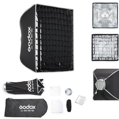 Godox Softbox UL-60x60 Square Softbox, Quick-Release Umbrella Design Bowens Mount with Grid & Diffusers & Deflector, for Studio & Video Lighting - size: Square 60x60cm (23.6"x23.6")