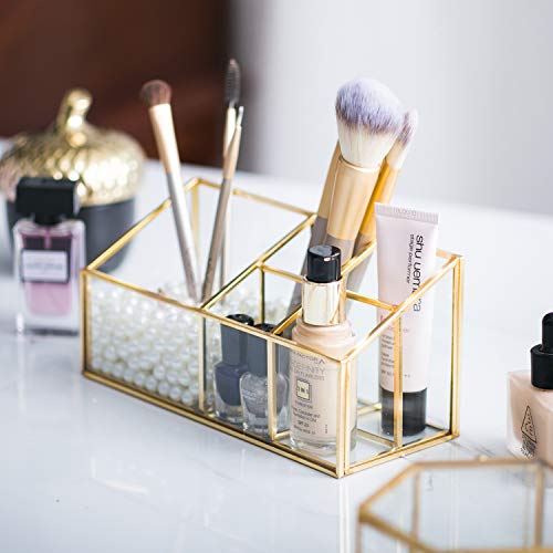 Golden Vintage Glass Box Clear Glass & Brass Metal Storage Jewelry and Cosmetic Makeup Brush Lipstick Holder Organizer Beauty Display with 5 Compartment