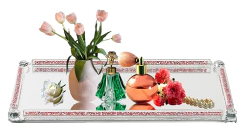 Crystal Mirror Tray, Crystal Glass Perfume Tray for Dresser Cosmetic Trinket Jewelry Vanity Trays for Display Crushed Diamond Home Decor Serving Trays for Bathroom Countertop Organizer (Rose Red) - color: Rose Red B