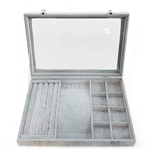 Ice Velvet Jewelry Organizer Box for Women Girlfriend Wife,Clear Lid Earrings Rings Necklace Bracelets Jewelry Tray Storage Case Grey - color: 8 Grids & 5 Slots & 6 Necklace Hooks
