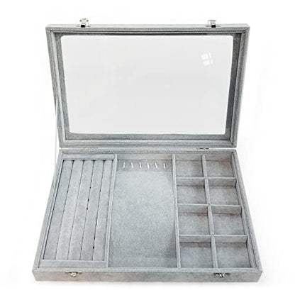Ice Velvet Jewelry Organizer Box for Women Girlfriend Wife,Clear Lid Earrings Rings Necklace Bracelets Jewelry Tray Storage Case Grey - color: 8 Grids & 5 Slots & 6 Necklace Hooks