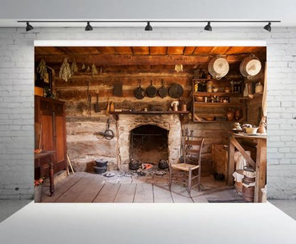 7x5ft Rustic Kitchen Backdrop Rustic Old Rural Farmhouse Interior Homestead Western Antique Inn Restaurant Room Fireplace Background Kids Adults Portrait Photo Studio Props - size: 7x5FT