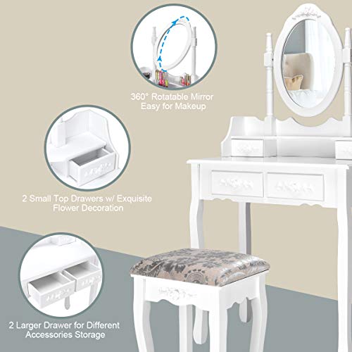 Giantex Vanity Table Set with Oval Mirror and 4 Drawers, Makeup Dressing Table with Cushioned Stool, Wooden Makeup Table for Bedroom Bathroom Girls Women, White - color: White, style: 4 Drawers