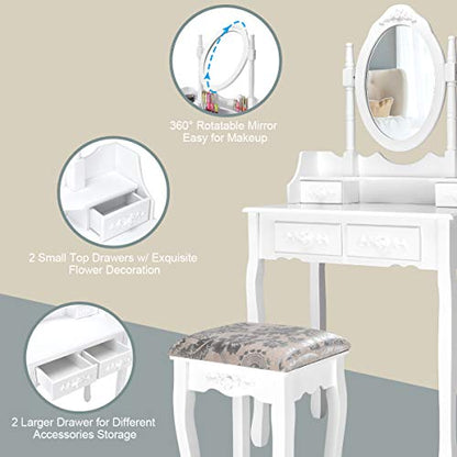 Giantex Vanity Table Set with Oval Mirror and 4 Drawers, Makeup Dressing Table with Cushioned Stool, Wooden Makeup Table for Bedroom Bathroom Girls Women, White - color: White, style: 4 Drawers