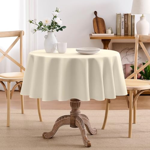 Faux Linen Tablecloths for Rectangle Tables, Burlap Textured Table Cloths Washable Farmhouse Table Cover Water Resistant for Dining, Wedding, Outdoor(Beige, 60" Round) - color: Beige, size: 60" (Round)