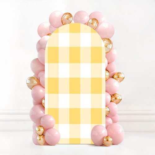 6.6FT Wedding Arch Backdrop Cover Plaid Seamless Texture Yellow Checkered backgraund Spandex Fitted Fabric Round Top Stretchy Stand Covers for Baby Shower Birthday Party Decoration - color: Color2, size: 6.6x3.3 FT