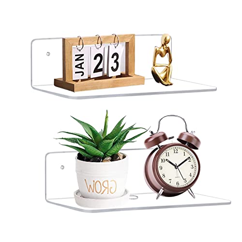 9 Inch Clear Acrylic Floating Shelf, No Drill Adhesive Wall Shelf Set of 2 for Storage, Floating Shelves Damage-Free Expand Wall Space for Living Room, Office, Gaming Room, Bathroom - color: Clear