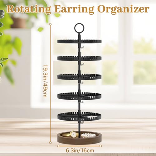 MODOWEY 5 Tier Rotating Earring Holder Organizer Display Tree with Wooden Tray, Adjustable Plastic Stand with 285 Slots for Stud Hoop Hanger, Large Capacity Storage Rack for Women Space Saving, Black - color: Solid Black Brown