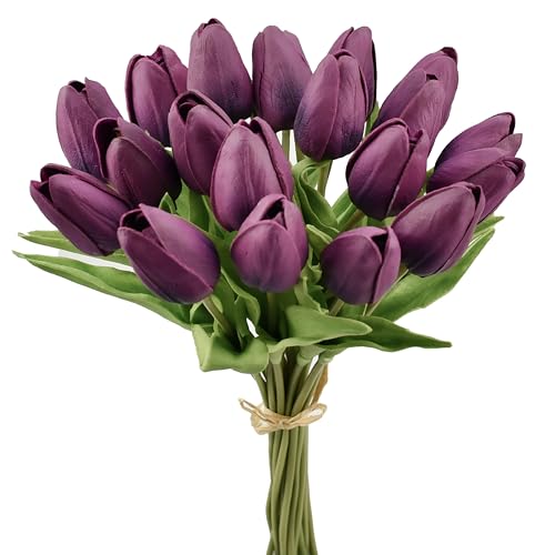 Mandy's Grape Purple Artificial Tulips Flowers Centerpiece, 13.5" Lifelike PU Fake Floral Stems 20pcs for Kitchen Island & Dining Table, Spring Decor for Easter - color: Grape Purple
