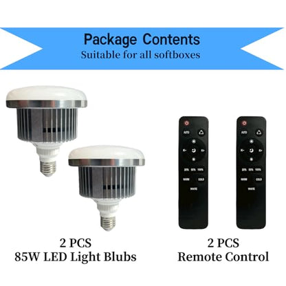 2 Pack 85W LED Soft Box Light, Photography Light Bulb 2700-6500K Remote Control Dimmable Color Temperatur, E27 Lights Photography Photo Video Studio Lighting - size: LED 85W