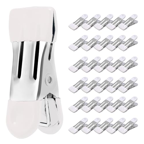 Clothes Pins Heavy Duty 30 Pack - 2.17 Inch Metal Chip Clips, Clothespins for Photo Drying Clothesline Laundry Sock, Bag Clips for Food Kitchen Stainless Steel with Rubber, White - color: White