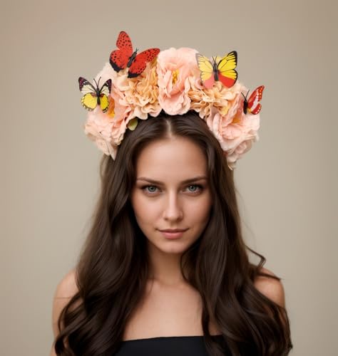 Elegant Butterfly Flower Headband for Women Boho Handmade Rose Floral Crown Wedding Bridal Festivals Cosplay Prom Photo Props Headpiece (B4 pink, Adjustable) - color: B4 pink