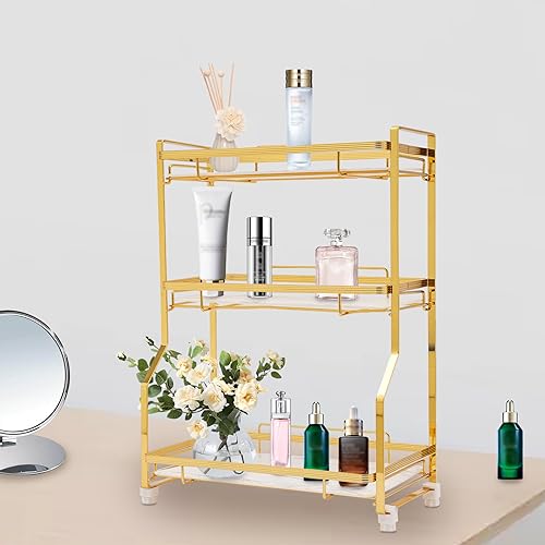 Makeup Organizer 3 Tier Bathroom Counter Organizers Cosmetic Storage Shelf for Dresser Decorative Wire Vanity Organizer Basket with Marbling Glass Tray itchen Spice Rack Standing Shelf - color: White