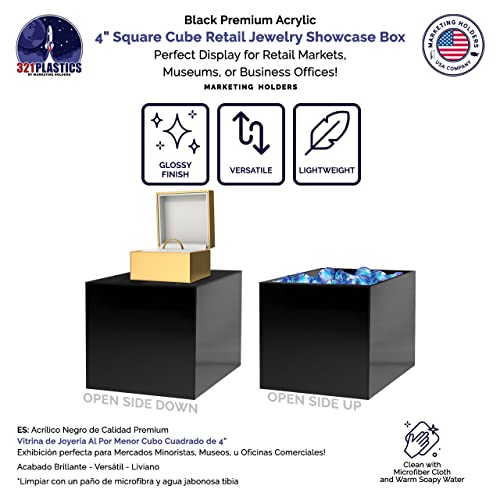 2 Pack 4" Acrylic Display Riser Box with One Open Side Versatile Glossy Black Square Lucite Retail Merchandise Storage Bin or Product Platform No Assembly Required by Marketing Holders - size: 4"w x 4"h Black