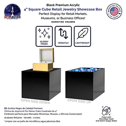 2 Pack 4" Acrylic Display Riser Box with One Open Side Versatile Glossy Black Square Lucite Retail Merchandise Storage Bin or Product Platform No Assembly Required by Marketing Holders - size: 4"w x 4"h Black
