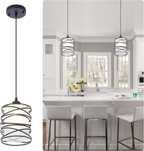 Modern Mini Pendant Light Fixture Kitchen Island Pendant Lighting 6.30''Matte Black Spiral Cage and Handblown Frosted Haze Glass Shade Hanging Lamp Adjustable Cord for Dining Room 1 Pack - color: 1-Pack Frosted Glass 6.30in
