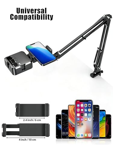 Overhead Phone Mount, Articulating Arm Cell Phone Holder with LED Light, Flexible Phone Stand for Live Streaming, Video Recording, Painting Lighting, Cooking