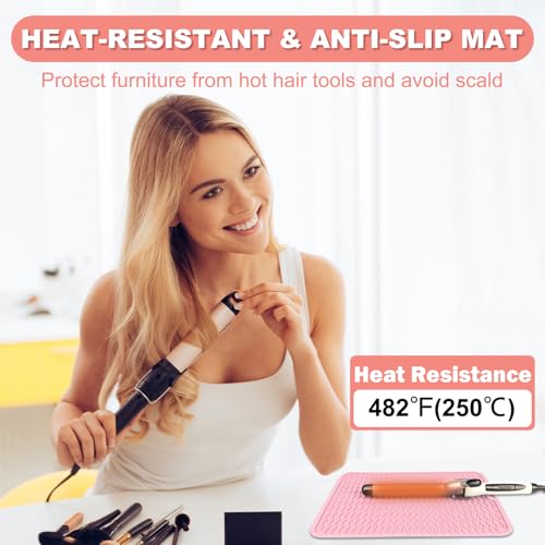 Oversize Silicone Heat Resistant Mat for Curling Irons, Flat Irons, Hair Straighteners and Hot Hair Styling Tools, Portable Wrap Pad Cover for Vanity, Travel, Salon(14.2" x 11.0") - color: Pink
