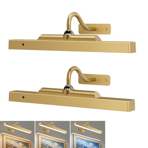 Wireless Picture Lights 12'', 2 Pack 4400mAh Battery Poerered Cordless Wall Lights, 350LM Dimmable Remote Timer for Painting Artwork Living Room (Antique Gold) - color: Antique Gold, size: 12IN-2pack
