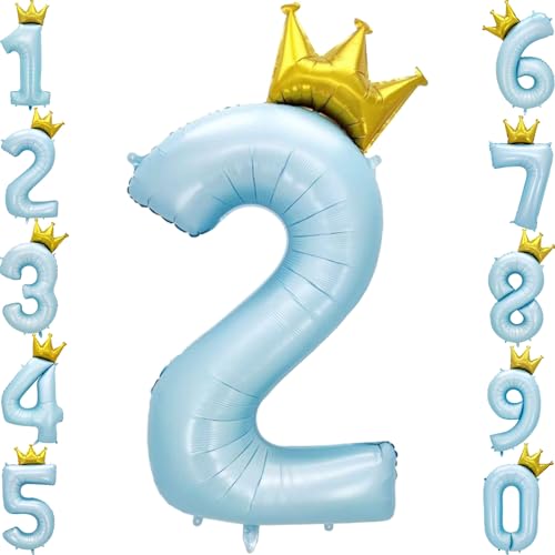 Giant Pale Blue 2 Number Crown Balloons 40 Inch Light Blue 2 Mylar Helium Large Crown Digital Balloon Baby Blue Birthday Numbers Balloons 2nd Birthday Kids Theme Party Decoration Supplies - color: Crown Pale Blue 2