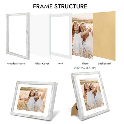 Hongkee 10x13 Picture Frame with Glass, Display Diploma 8.5x11 with Mat or 10 x 13 without Mat - Wall and Tabletop, 10 by 13 Photo Wooden Frames (Distressed White, 1 Pack) - color: Distressed White, size: 10X13 in