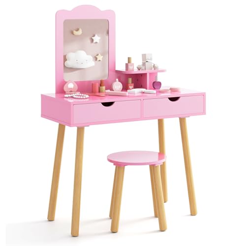 Costzon Kids Vanity Set, Girls Vanity Set with Mirror and Stool, 2 Large Drawers, Storage Shelf, Wooden Princess Makeup Dressing Table, Vanity Table and Chair Set for Toddlers (Pink) - style: Pink with Square Mirror