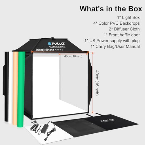 PULUZ 16x16 Inch Upgrade Photo Studio Light Box, Professional Dimmable Shooting Tent with 480 LED Lights & 4 PVC Backdrops, Portable Softbox for Jewelry, Small Product Photography - size: Upgraded-16*16 inch
