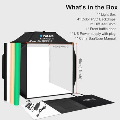 PULUZ 16x16 Inch Upgrade Photo Studio Light Box, Professional Dimmable Shooting Tent with 480 LED Lights & 4 PVC Backdrops, Portable Softbox for Jewelry, Small Product Photography - size: Upgraded-16*16 inch