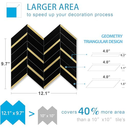 Peel and Stick Backsplash Tile, Black Marble Herringbone with Gold Metal Look, 10 Sheets Self Adhesive PVC Wall Tile, Waterproof & Heat Resistant for Kitchen, Bathroom, RV, Fireplace - color: Black Mixed Gold Metal