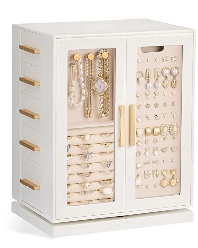 Lolalet Rotating 360° Jewelry Box, Clear Window Jewellery Storage for Earrings Bracelets Necklaces Rings, Large Vertical Organizer for Women, Valentine's Day Gift -White - color: White