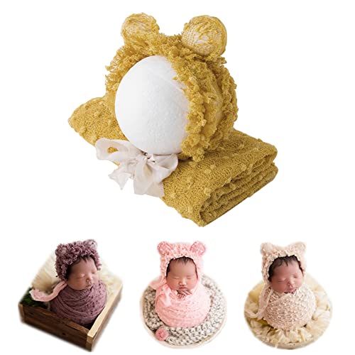 Newborn Baby Photography Props Outfits Photoshoot Photos Hat Long Ripple Wrap Set for Boys Girls Photography - color: Ginger Yellow