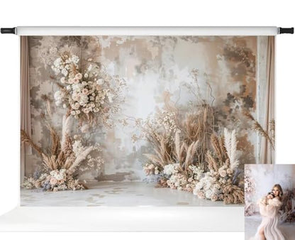 Kate Mother's Day Boho Flower Backdrop Abstract Art Background Grey Wall Reed Light Photo Background Studio Props,10x6.5ft - size: 10x6.5ft