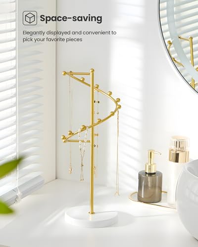 Lolalet Necklace Stand with 11 Hooks, Helix-shaped Jewelry Organizer Metal Rack Long Necklaces Hanging Display Holder Round Base Antique Jewelry Bracelets for Girls Women Wife -Gold - color: Gold