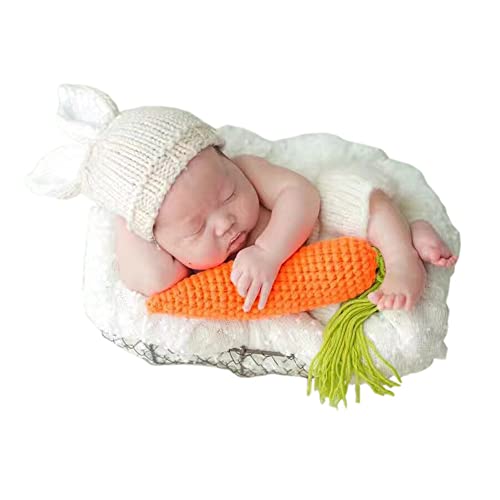 Newborn Easter Outfit Boy Photography Props Baby Bunny Handmade Crochet Rabbit Set Knit Hat Diaper Carrot Set for Kids - color: Beige-l