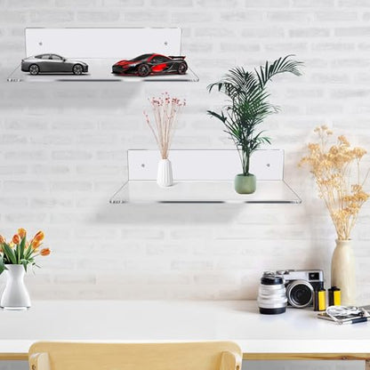 Jansburg 12 Inch L-Shaped Acrylic Floating Shelf Clear Wall Mounted Shelves Invisible 5MM Thick Shelf for Wall Storage Clear Shelves for Makeup Photo Picture Book Record Display 4 Pack