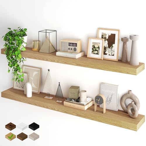 Fun Memories Floating Shelves for Wall, 55Inch Floating Shelves Set of 2, Hanging Shelf with Invisible Brackets, Wood Shelves for Living Room, Bedroom, Kitchen, Oak - color: Oak, size: 55"W x 6.5"D