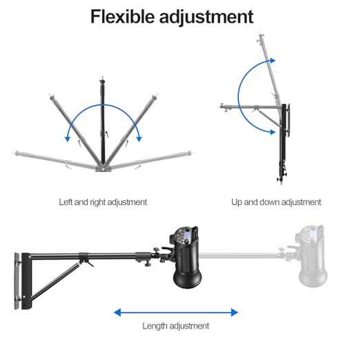 Wellmaking Wall Mount Triangle Boom Arm 53inch/135cm Length Adjustable Support 180° Flexible Rotation, Up to 4.26ft. With Tilt Adapter Light Stand with Standard 1/4 to 3/8 Metal Male Screw Photography - size: 53inch/135cm