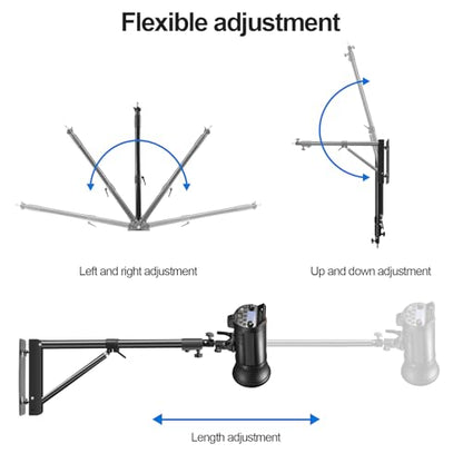 Wellmaking Wall Mount Triangle Boom Arm 53inch/135cm Length Adjustable Support 180° Flexible Rotation, Up to 4.26ft. With Tilt Adapter Light Stand with Standard 1/4 to 3/8 Metal Male Screw Photography - size: 53inch/135cm