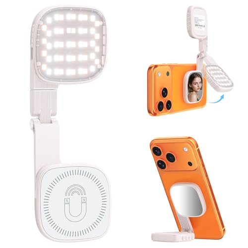 Magnetic Selfie Light for Video Calls, 360° Foldable Ring Light with 3 Colors & Dimmable Brightness, 1000mAh, MagSafe Compatible with iPhone 17-12 & All Phones for Zoom/TikTok/Selfie（White）