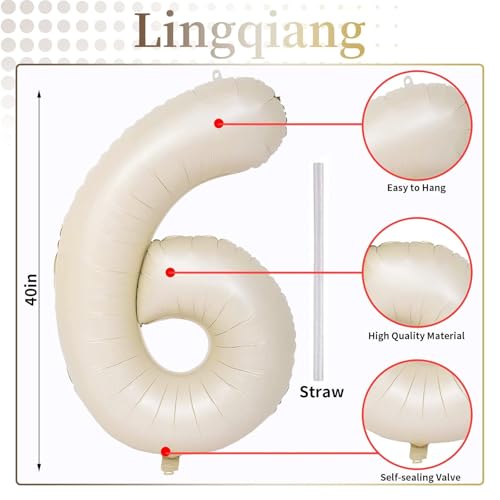 Cream Number Balloons, 40inch Large Beige Number 6 Foil Mylar Helium Balloons for Girls Women, Ivory White Self Inflating Number Balloons 0-9 for Men Boys Birthday Party Celebration Decoration - color: Cream, size: Number 6