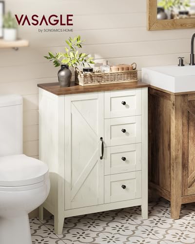 VASAGLE LIRY Collection - Storage Cabinet, Farmhouse Bathroom Floor Cabinet with 4 Drawers, Freestanding Storage Organizer, Barn Door, Adjustable Shelf, Rustic White, UBBK753W01 - color: Rustic White, style: 1 Door + 4 Drawers