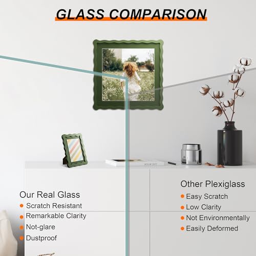 10x10 Picture Frame with Mat for 8x8, Wavy Edge Wooden Real Glass Photo Frame for Tabletop and Wall Hanging, Green, 1 Pack - color: Green, size: 10x10 in