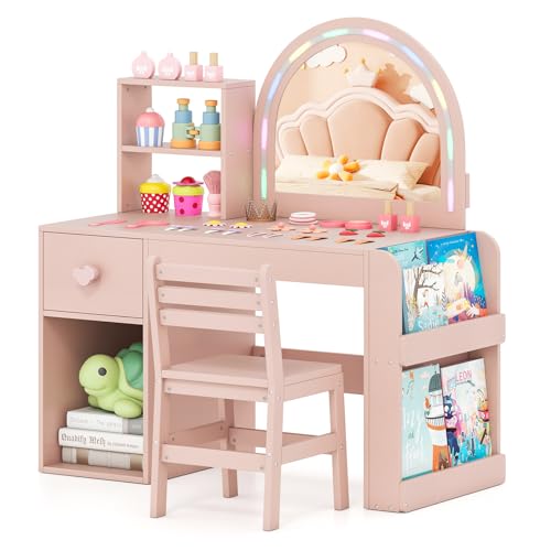 Costzon Kids Vanity, Girls Vanity Set with Lighted Mirror, Bookshelf, Drawer, Storage Cabinet & Shelves, Toddler Makeup Vanity Desk Dressing Table, Wooden Kids Vanity Table and Chair Set (Pink) - style: Pink with Bookshelf