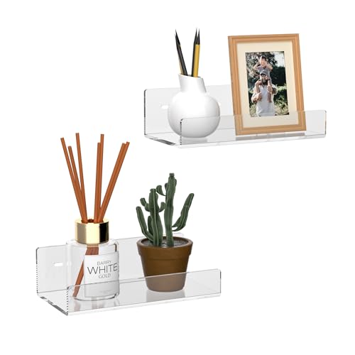 7'' Clear Acrylic Wall Shelf 2 Pack, Acrylic Floating Shelves, Acrylic Small Shelf for Books, Home Décor, Digital Clock, Speaker, Wine Bottle - color: Clear, size: 7 Inch