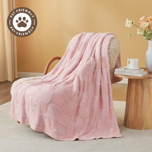 Snuggle Sac Checkered Throw Blanket,Fluffy Faux Fur Knitted with Soft Microfiber Warm Throw Blankets for Couch, Sofa, Chair, Bed, Camping, Picnic, Travel, Solid Pink, 50x60 inches - color: Solid Pink, size: Throw(50"x60")