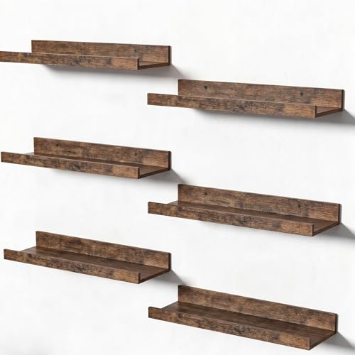 upsimples 6 Pack Wooden Floating Shelves, Wall Storage Decor Shelf for Bathroom, Bedroom, Living Room, Kitchen, Office and Laundry Room, Wall Mounted Display Hanging Shelf, Brown - color: Brown, size: 15.7in