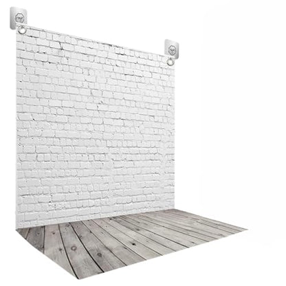 HUAYI White Brick Wall with Wooden Floor Design Photography Backdrop with 2 Hooks for Newborn Portrait Smash Cake D-2504 (5x7ft(Cotton+2Hooks)) - size: 5x7ft-CottonPoly