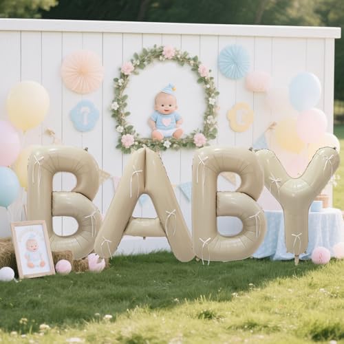 40" Cream White BABY Letter Foil Balloons with Pre-installed White Rustic Bows - Gender Neutral Decor for Baby Showers, Gender Reveal Parties, Boho Backdrop & Party Favors