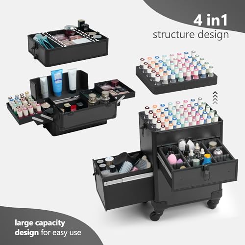 Somduy 4 in 1 Rolling Makeup Case on Wheels with Drawer and Professional Cosmetic Organizers for Salon Barber - Bright Black - color: Bright Black